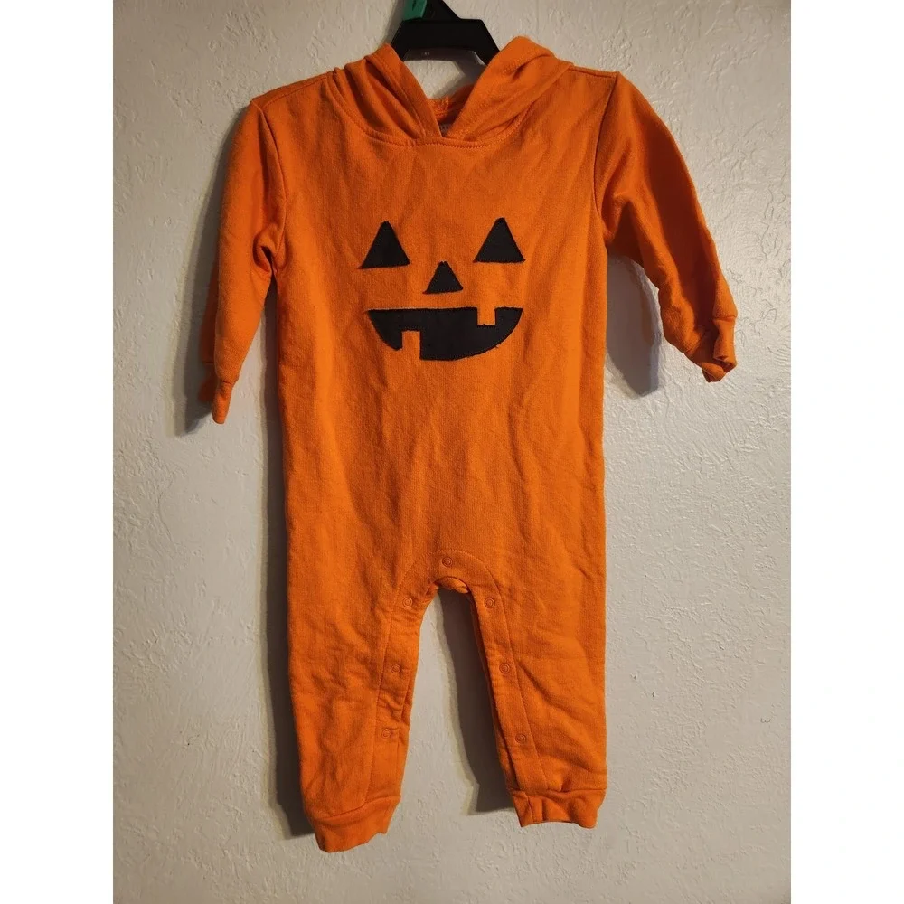 Cat & Jack Baby Halloween Pumpkin Hooded Romper Orange Long Sleeve Costume 12M